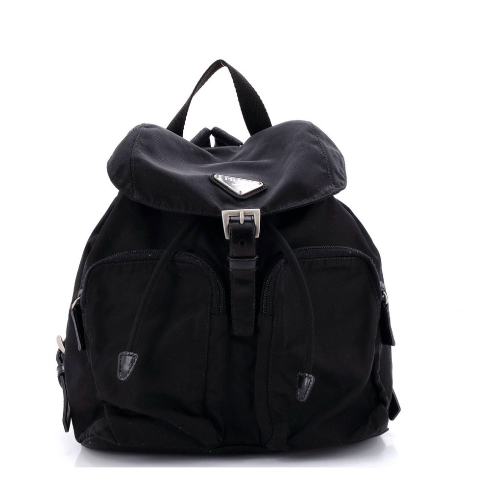 Prada Black Nylon Drawstring Flap Backpack With F… - image 1